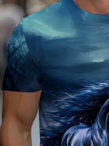 Men's 3D-Printed T-Shirt With White Horse And Flame Patterns – Fresh Blue And White Design Featuring Horses And Flames All Over The Garment; Short-Sleeved, Round-Necked, Casual T-Shirt. - 彩色 - 查看 4