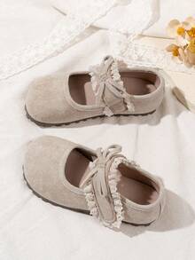 1 Pair Girls' Children Lace Trim & Bow Decor Flat Shoes, Round Toe, Hook And Loop Closure, Soft & Comfortable, Fashionable & Cute Princess Style Shoes, Suitable For Outdoor/Street Wear, All Seasons - Beige - View 4