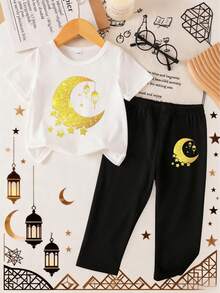 Conjunto de top de manga corta y pantalones con estampado de estrella y luna, informal para bebé niña, primavera/verano - Blanco - Ver 1