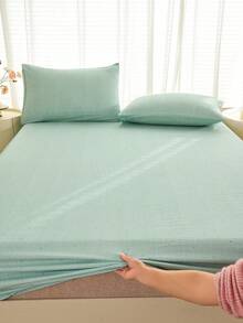 1件浅绿色条纹心形几何图案床笠床垫保护套，床垫罩，床单套装，柔软透气，适用于各种尺寸的床——单人床、双人床、特大号床、大号床，深口袋设计，最大可达11.8英寸，家用纺织品，适合学校、宿舍、床铺、床罩，透气防皱，提升睡眠质量，可机洗 - 淡綠 - 查看 6