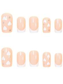 24pcs Medium Rectangular Shaped Press-On Nails - Minimalist & Fashionable Cute Classic White Striped Heart Glitter Shiny Design Artificial Nails, Suitable For Women's Daily Wear And Special Occasions, Parties, Celebrations, A Perfect Gift For Her, Nail Art Craft Gift, Exquisite Nail Art.