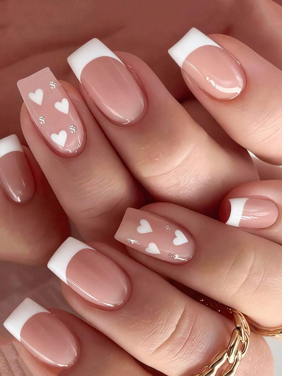 24pcs Medium Rectangular Shaped Press-On Nails - Minimalist & Fashionable Cute Classic White Striped Heart Glitter Shiny Design Artificial Nails, Suitable For Women's Daily Wear And Special Occasions, Parties, Celebrations, A Perfect Gift For Her, Nail Art Craft Gift, Exquisite Nail Art.