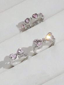 3pcs/Set Girls' Y2K Style Butterfly, Heart & Rhinestone Decor Ring Set - Perfect For Dates, Parties, Valentine's Day Gifts Or Daily Wear - Multicolor - View 2