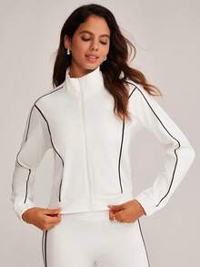VUTRU Stand Collar Casual Loose Sporty Jacket, Contrast Color Activewear Top For Running & Fitness - White - View 5