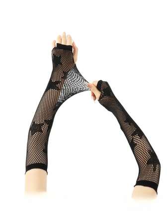 1 Pair New Five-Pointed Star Pattern Fishnet Gloves With Mesh Panels, Elastic Sleeves, Half-Finger, Party Style, Long Length
