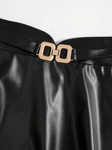 EARO Falda mini de cuero PU con hebilla metálica de diseño versátil, elegante y casual para mujer que estiliza la figura - Negro - Ver 4