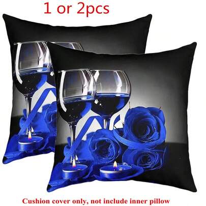 1pc Or 2pcs Optional Romantic Blue Rose And Wine Glass Decorative Pillow Cover, 45x45cm - Polyester, Easy Care, Suitable For Living Room And Bedroom Decor