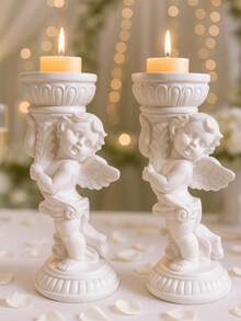 1/2 piezas Soporte de vela de ángel estilo europeo vintage, soporte de vela de pilar de resina romántico, adecuado para cena a la luz de las velas, regalo del Día de San Valentín y decoración de boda - Multicolor - Ver 1