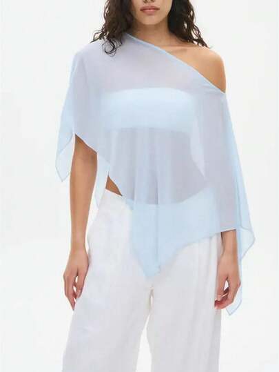Women Sheer Knit Poncho Y2k See Through Shrug Mesh Cover Up Lightweight Asymmetrical Beach Shawl Cape Top