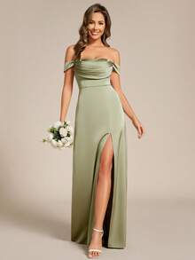 EVERPRETTY Elegant Solid Color High Slit Off-Shoulder Formal Evening Dress, Suitable For Formal Occasions Such As Balls, Galas, Graduation Parties Wedding Spring Party - Green - View 6