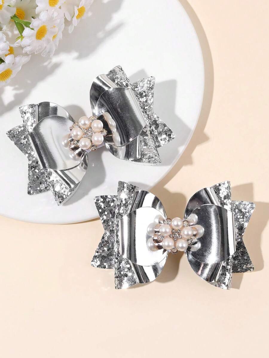 2 złote brokatowe kokardy do włosów dla dziewcząt, błyszczące perły, spinki krokodylkowe, błyszczące spinki do włosów, delikatne spinki na imprezę, błyszczące, słodkie, słodkie spinki do włosów, akcesoria do włosów dla nastolatków - Srebro - Zobacz 1