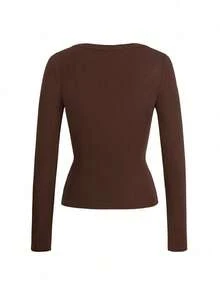1 Piece Brown V-Neck Long Sleeve T-Shirt, Slim Fit Form-Flattering Top, Street Style Sexy Chic For Women, Perfect For Daily Wear, Casual Outfit, And Street Style Look - màu nâu - Xem 10