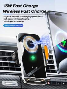 REMAX 15W无线快充车载手机支架；自动感应开合；防滑手柄和过热保护；Type-C充电器兼容苹果/安卓；兼容手机壳，90°旋转；通用汽车配件；汽车用品；