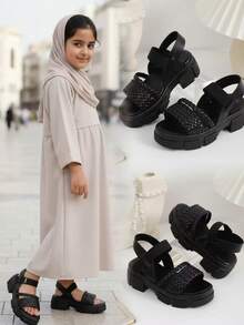 1 Pair Black Wedge Sandals For Teenage Girls, Soft & Comfortable PU Woven Strap Material, Elastic Back Strap Slip-On Design, Round Toe, 3CM Thick Heel, Fashion & Cute Roman Beach Sandals, Suitable For 3-15 Years Old Female Students For Daily, Casual, Beach, Holiday, Party Wear, Spring/Summer 2026 - Black - View 7