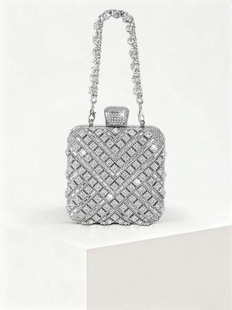 1pc Women's Silver Crystal Decorated Evening Bag, With A-Grade Diamond Metal Chain, Box-Shaped Handbag With Bright Crown Decor, Charming And Perfect, Bridal Wallet, Suitable For Wedding, Party, Prom, Disco, Birthday Gift, Valentine's Day Gift, Business Meeting