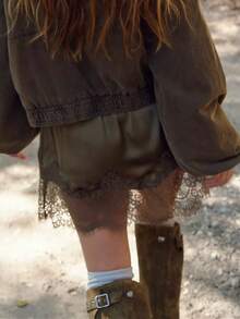 Women Lace Trim Silk Mini Skirt Y2k Lacy Satin A Line Half Slip Short Skirt Cute High Waist Underskirt - 綠色 - 查看 2