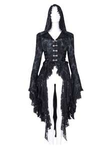 Devil fashion 骷髅提花蕾丝流苏连帽喇叭袖哥特式深色连帽夹克 - 黑色 - 查看 9
