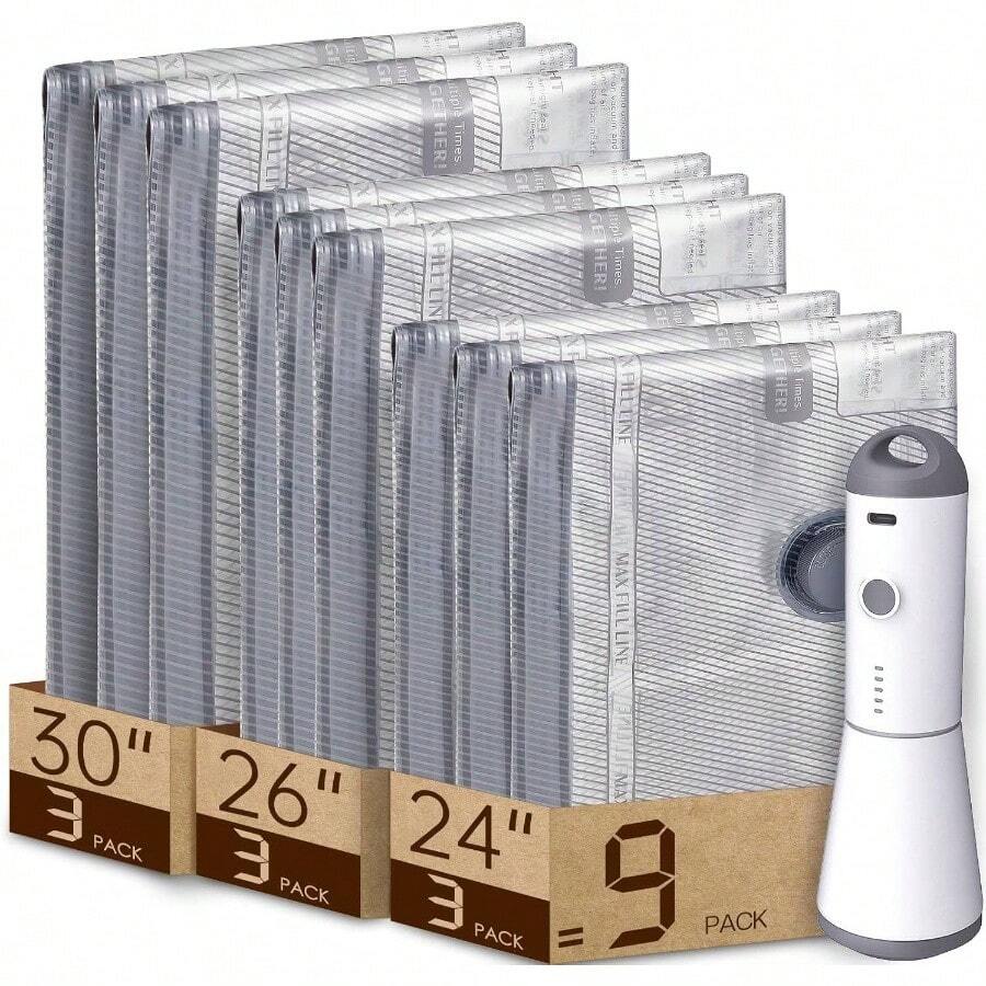 9 Packs Rechargeable Pump Vacuum Bags Travel Packing, Carry - On Size Vacuum Seal Bags Luggage And Suitcase Compression, Space Saver Clothes And Clothing Organization - 9種組合旅行裝 - 查看 1