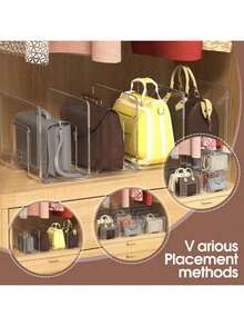 4pcs Clear Wardrobe Bag Storage Tote Purse Bag Divider Removable Cabinet Rack, Wardrobe Suitable For Bedroom Bathroom Office Practical Book Divider L Shape Storage Rack, Space Saving Storage Rack, Car Organizer Storage Bins Drawer Organizer,Transparent 4-Compartment Organiser Is Only Suitable For Small Handbags, For Clothing Wardrobe Storage Closet Dividers Closet Dividers Sweater Sock Pants Jeans Underwear