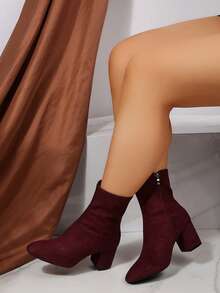 Inspired Patent Leather Square Toe Tall Boots, Slim Fit Chunky Heel Riding Boots For Women, Warm Lining For Autumn/Winter - Burgundy - View 7