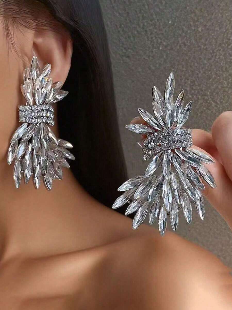 1 Pair Crystal Leaf Exaggerated Luxury Wedding Earrings, Rhinestone Glamorous Party & Daily Wear Jewelry Gift For Women - 花朵水晶馬眼形弧形耳環 - 查看 1