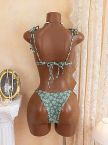 新品春夏绿色碎花面料性感金属环比基尼套装 - 綠色 - 查看 3