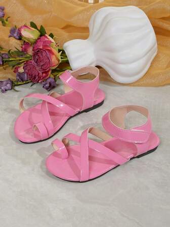 Girls' Bright Pink Patent Leather Open-Toe Flat Sandals With Cross-Band & Ankle Buckle - Lightweight Daily Footwear For Kids' School Activities & Weekend Family Outings