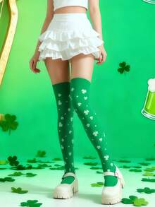 1 Đôi tất dài đến đầu gối dành cho nữ nhân dịp Ngày Thánh Patrick - Họa tiết cỏ ba lá xanh, phụ kiện độc đáo cho ngày lễ, mềm mại và thoải mái, phù hợp cho các buổi lễ và tiệc tùng. - màu xanh lá - Xem 3