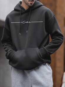 Zrgoth Men's Casual Street Floral Font Slogan "Grateful" Minimalist Print Fleece Hoodie, Autumn/Winter - Dark Grey - View 3