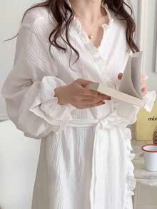 1件女款白色荷葉邊長袖輕量浴袍，極簡歐式純色居家服，適合春夏秋季，適用於居家、浴室、SPA、早晨與睡眠穿著（尺寸偏小，請購買大一號） - 彩色 - 查看 7