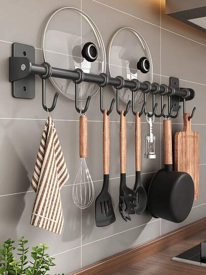 1个30厘米/40厘米/50厘米可移动挂钩，简约时尚免钻孔黑色可移动挂钩，适用于厨房/浴室/锅盖收纳架，自带胶带，方便女性安装，也可用于车库工具挂钩/玄关包包挂钩/钥匙挂钩/首饰挂钩