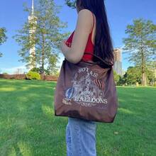 可重复使用的尼龙手提袋，饰有城堡和热气球刺绣，大容量可折叠单肩手提包 - 紫紅色 - 查看 5