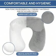 Inflatable Travel Pillow Airplane Inflatable Neck Pillow Traveling With Soft Velvet Washable Cover Sleeping, Airplane, Train, Car, Office, Contoured Eye Masks, Earplugs - 灰色 - 查看 6