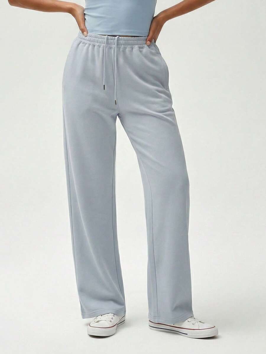 RRIVE Women's Blue High Waisted Wide Leg Sweatpants Drawstring Baggy Lounge Pants Comfy Soft Cotton Casual Trousers With Pockets - 霧霾藍 - 查看 1