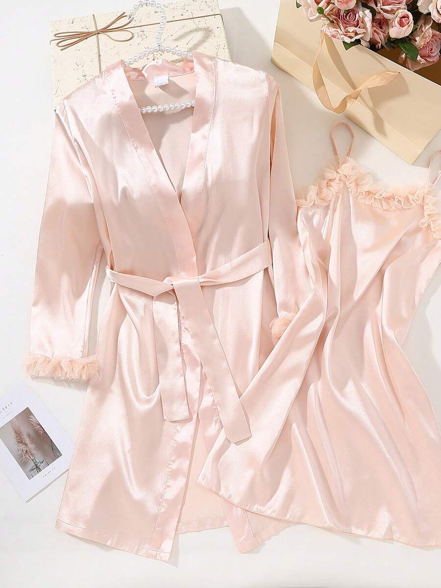 2pcs Girls Sleeveless Nightgown With Robe Set, Pink Satin Lace Trim - Pink - View 1