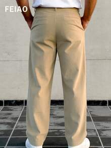 FEIAO 男士复古风老钱美学纯色灯芯绒经典细条纹直筒休闲裤，舒适亲肤，四季皆宜 - 卡其色 - 查看 2