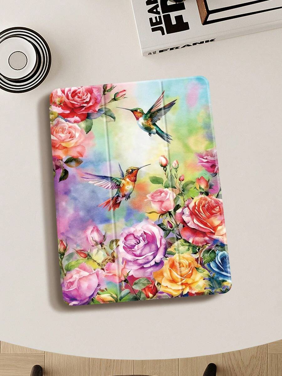 蜂鸟樱花图案保护套,适用于 iPad Air 4/5 (10.9 英寸)、7/8/9 (10.2 英寸),内置 Apple Pencil 插槽,也适用于 Tab S6 (10.4 英寸)、Tab A7 Lite (8.7 英寸),ins 风格皮革保护套,返校季、情人节、新年礼物,卡通平板电脑保护套 - 彩色 - 查看 1