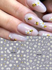 2 Sheets 3D Bee Daisy Nail Art Stickers - Self-Adhesive Floral Decals With Bees & Flowers, Embellished Plastic Decorations For Nails, Single-Use, Glittery Cartoon Theme, Bee Decorations - 彩色 - 查看 11
