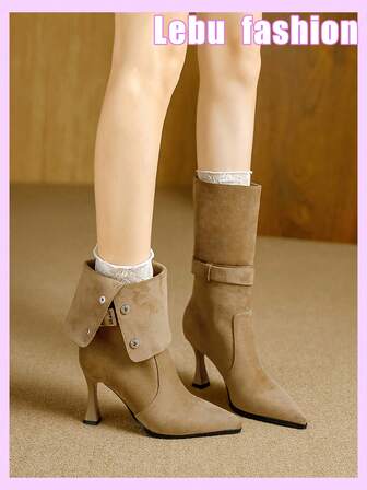 Qiluyuan Dammodestövlar, elastiska stövlar med smal passform för höst/vinter, nya franska högklackade stövlar med spetsiga tår, läderspänne och dekor, vikbara stövlar med dubbla slitage, lämpliga för vardag, högtid, jul, dejt, mångsidiga