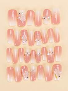 30 piezas de pegatinas cuadradas de uñas cortas con degradado, decoradas con rosas de cristal 3D, perlas y brillantes rhinestones para realzar tu elegancia. Incluye gel de gelatina y tiras adhesivas para una fácil aplicación, reutilizables y aptas para uso diario.