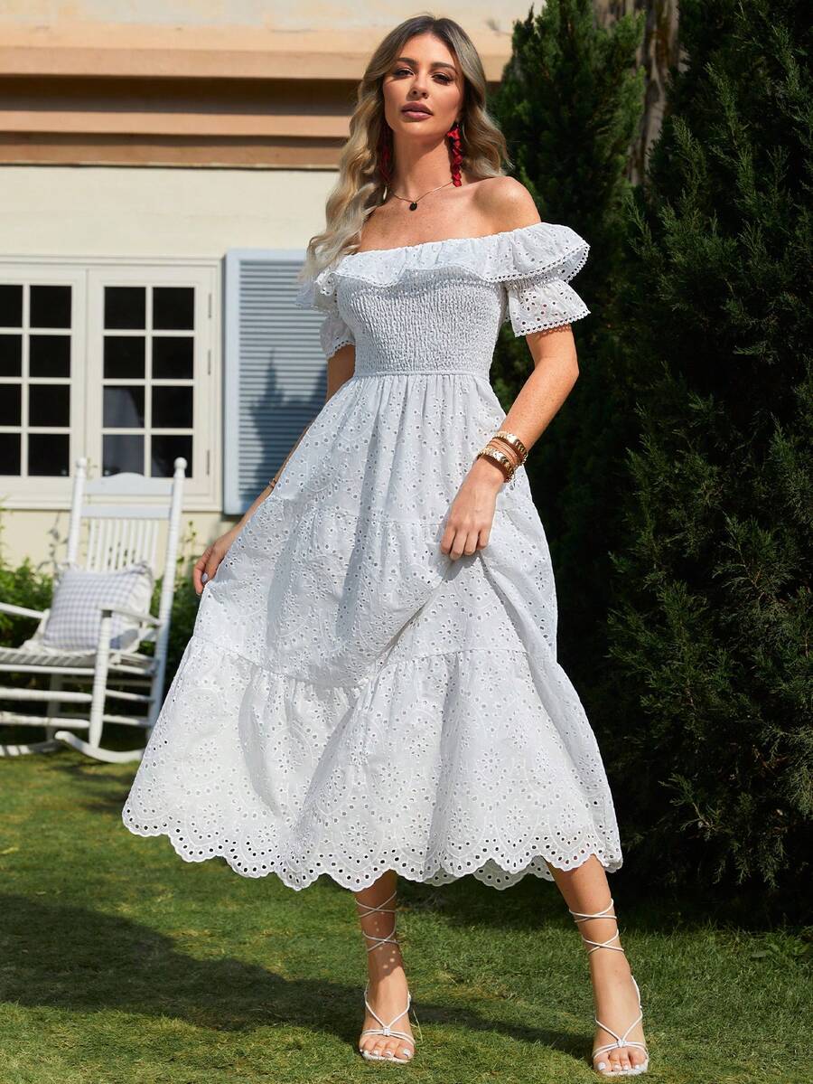 Simplee Damen Sommer Neu Besticktes einfarbiges Off-Shoulder Kleid mit hoher Taille, Partykleid, Musikfestival, Abschlussfeier - Weiss - Übersicht 1