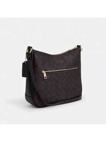 COACH Ellie 27 经典拉链涂层帆布斜挎包，大号，卡其色和黑色可选，理想的节日礼物，经典时尚，休闲通勤皆宜，必备时尚单品 - 胡桃木色拼黑色 - 查看 2
