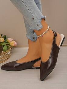 女士平底鞋，尺码 35-45，优雅纯色时尚金属链舒适平底鞋，适合办公室和户外活动，春秋季新款百搭黑色 PU 一脚蹬乐福鞋 - 巧克力棕色PU - 查看 5