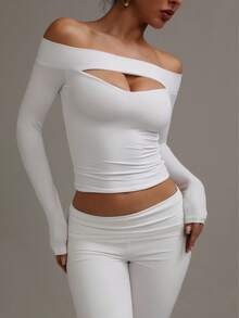 XLLAIS 2025 Autumn/Winter Women's Sexy Long Sleeve White Off-Shoulder Top, High Stretch Hollow Out Fitted T-Shirt - White - View 3