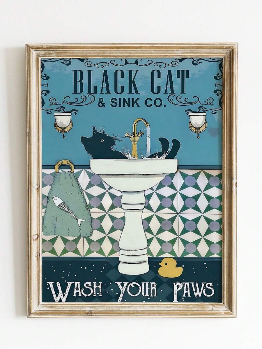 1pc Frameless Vintage Art Deco Style Black Cat "Wash Your Paws" Quote Poster, Retro Whimsical Pet Decor For Bedroom, Cute Bathroom Wall Art, Funny Cat Lover Gift, Dorm Room Decor, Funky Vintage Print For Cat Owners - Multicolor - View 1