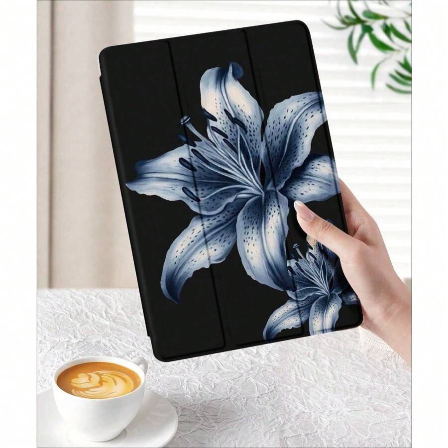 Blue Flower Pattern Tablet Protective Case, Compatible With Apple IPad 10.2 Inch, IPad Pro 2021/2020, IPad 9th/10th Gen, IPad 11 Inch 11th Gen 2025, Galaxy Tab A8 10.5 Inch Matepad 10. , Anti-Drop, With Pen Slot, Support Sleep/Wake - 黑色 iPad - 查看 1