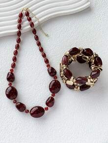 4pcs Vintage Boho Thick Multi-Layer Burgundy Acrylic Beaded Bracelet/Necklace Set, Luxury High-End For Women, Couples, Party, Daily Wear - Burgundy - View 6
