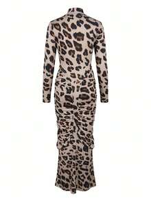 Nuevo vestido de moda primavera/verano FENDAI con cuello alto, manga larga, estampado digital de leopardo, ajustado y fruncido, adecuado para fiesta, Día de San Valentín - Multicolor - Ver 3