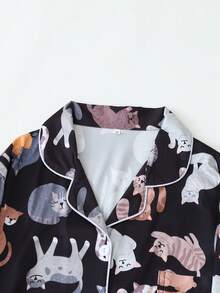 猫咪印花女士长袖睡衣套装 - 黑色 - 查看 2