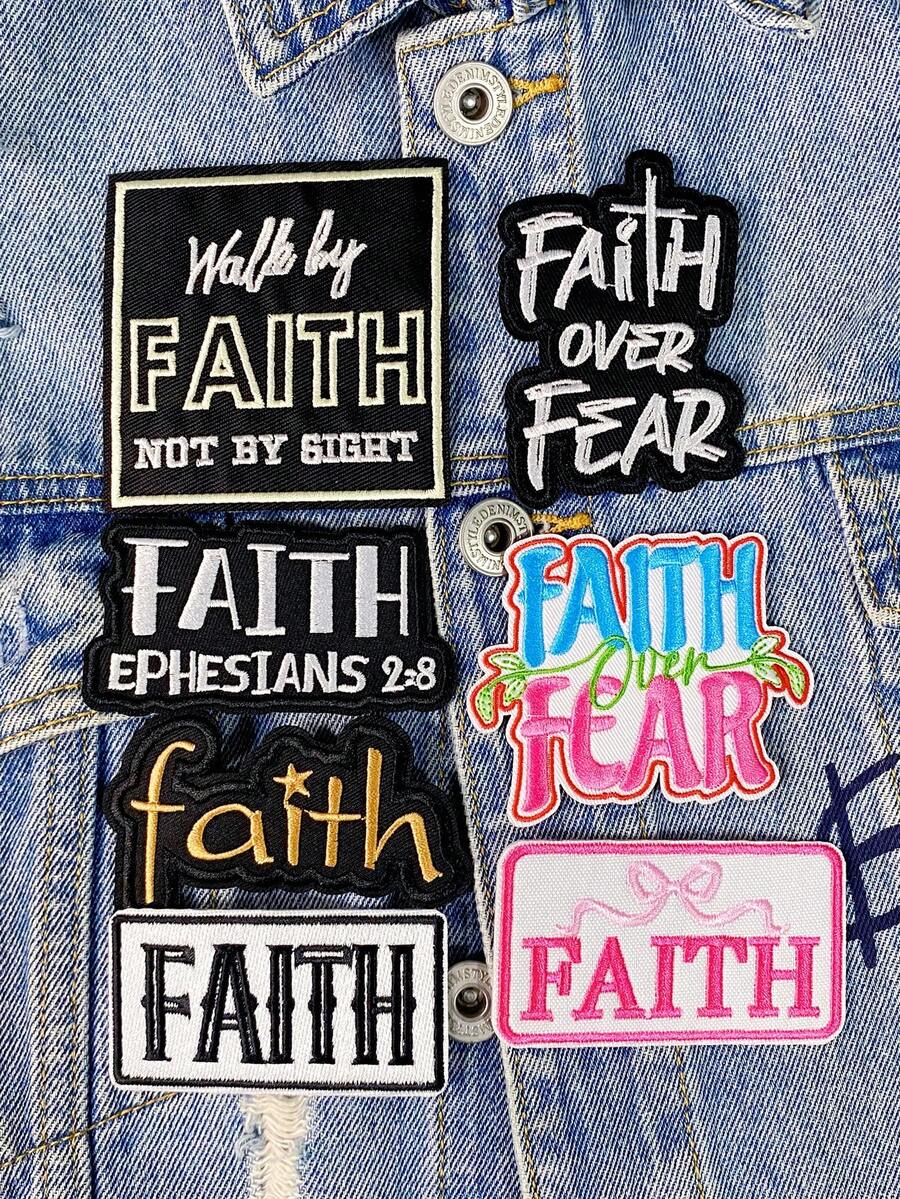 一套3/7片黑白信仰英文字母系列刺绣布贴，虔诚信徒涤纶徽章贴花，DIY服装熨烫布贴，缝纫配件布贴，适用于背包、牛仔裤、夹克、T恤、帽子、连衣裙等。